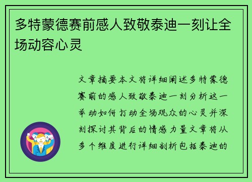 多特蒙德赛前感人致敬泰迪一刻让全场动容心灵