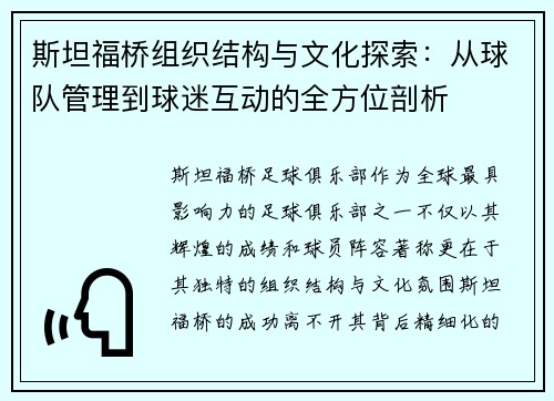 斯坦福桥组织结构与文化探索：从球队管理到球迷互动的全方位剖析